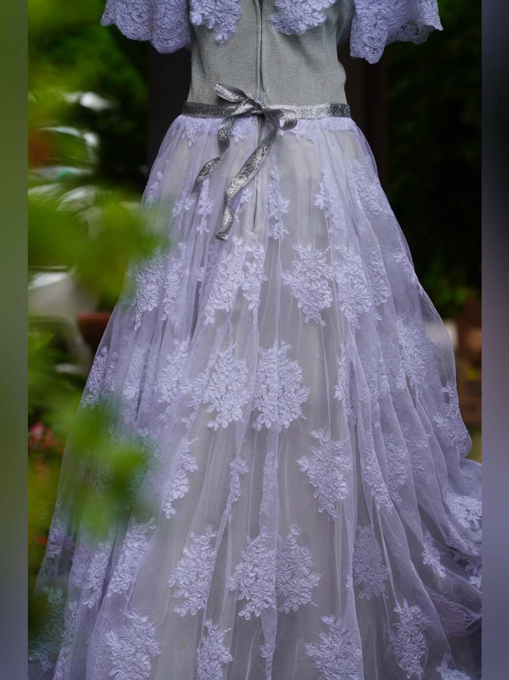 Vintage Ivory & Sage Lace Floral Appliqué Gown | Romantic Off-Shoulder Wedding - Picture 12 of 16